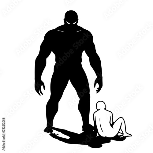 Intimidating dark silhouette figure looming over a small person.