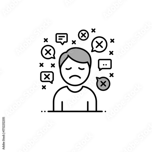 Sad Person Surrounded by Negative Communication Symbols and Thoughts.