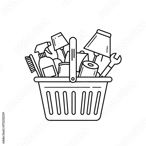 Shopping basket filled with various household items and tools.