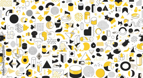 Abstract Geometric Shapes in Yellow and Black Pattern on White Background Flat Lay