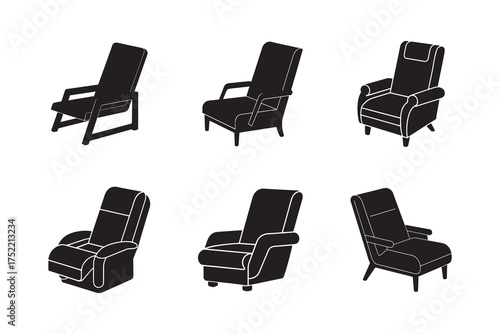 Collection of different armchairs in silhouette showcasing furniture design and comfortable seating options for modern home interiors
