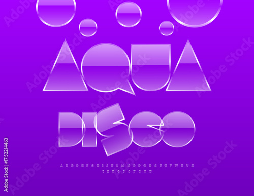 Vector Artistic banner Aqua Disco. Modern Glass Font. Glossy Shiny set of Alphabet Letters and Numbers