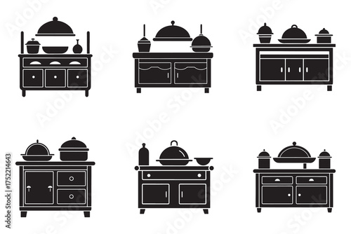 Collection of Kitchen Cabinet Silhouettes for Interior Design and Culinary Presentation Depicting Variety and Organization