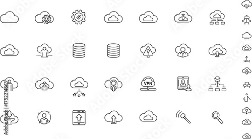 Cloud computing, data management, storage, network services, VPN, database, user access, security icons, black and white vector set, outline