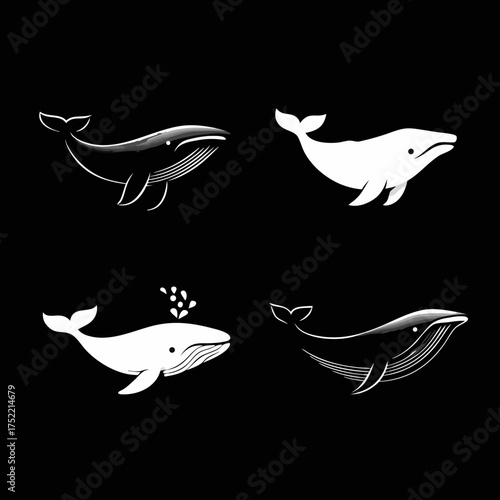 Four stylized whales on a black background
