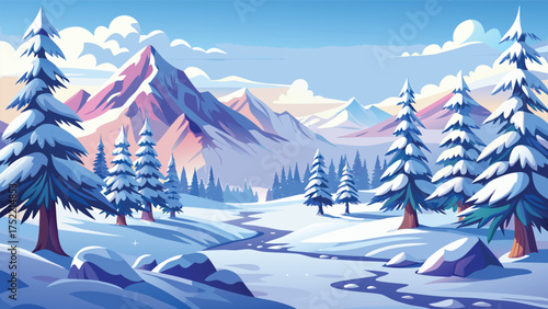 Beautiful winter landscape with snow-covered mountains and pine trees, cold season vector illustration perfect for Christmas, holiday, and travel themes.