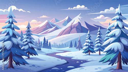 Peaceful winter mountain landscape with snowy pine forest and blue sky, serene vector illustration for Christmas, holiday, and nature travel design backgrounds.