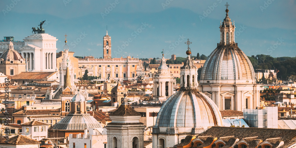 Obraz premium Rome, Italy. Cityscape With Such Famous Churches As Sant'agnese, Santa Maria Della Pace, St. Salvatore At The Laurels