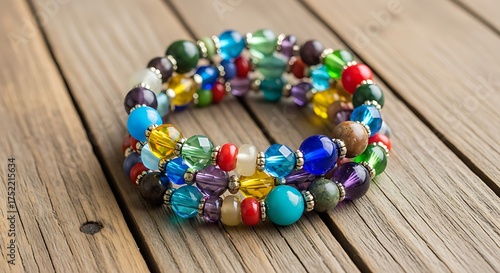 Colorful beaded memory wire bracelet with vibrant glass beads on a rustic wooden background