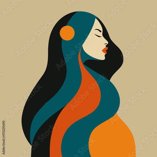 Modern abstract illustration of a serene woman with headphones, eyes closed, enjoying music. Colorful flowing hair and thoughtful expression.
