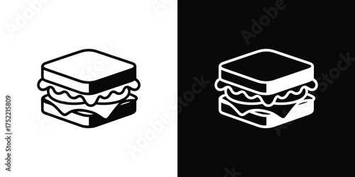 Black and White Sandwich Icon with Square Breads and Visible Filling