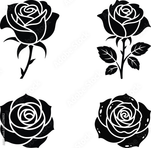 Four Black Rose Silhouettes with Stems and Leaves flower