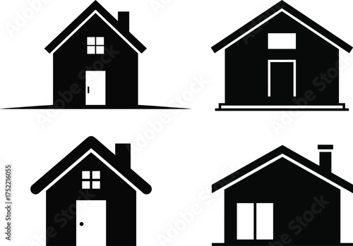 Four Black Silhouette Icons of Houses on White Background