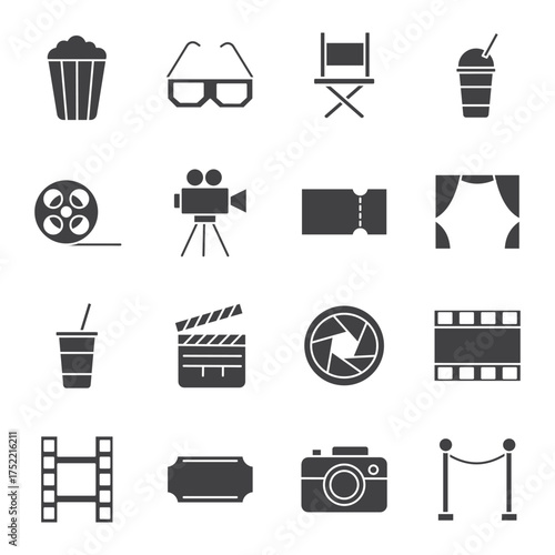 set of black silhouette cinema icons 