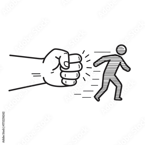 A large powerful fist chasing and punching a running person icon.
