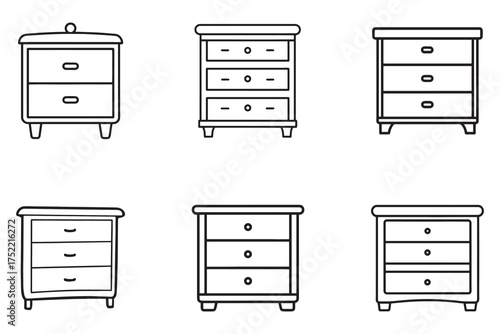 Collection of Outline Chest of Drawers Furniture Set Vector Illustration for Interior Design and Decoration Templates