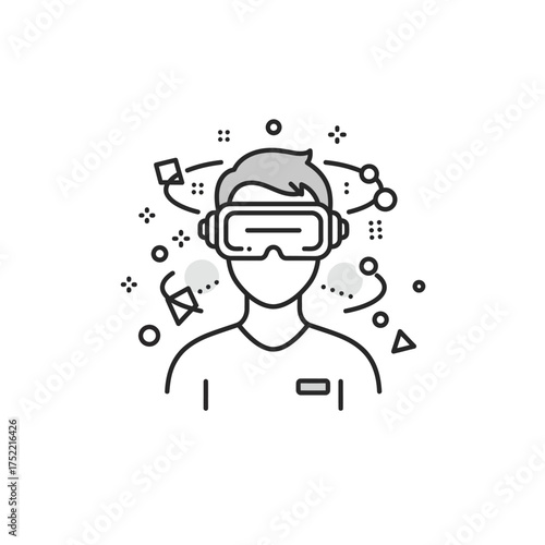 Line art icon of a person wearing virtual reality goggles.
