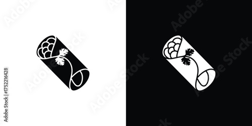 Burrito Icon, Rolled Tortilla Silhouette with Coriander Leaves on Transparent Background