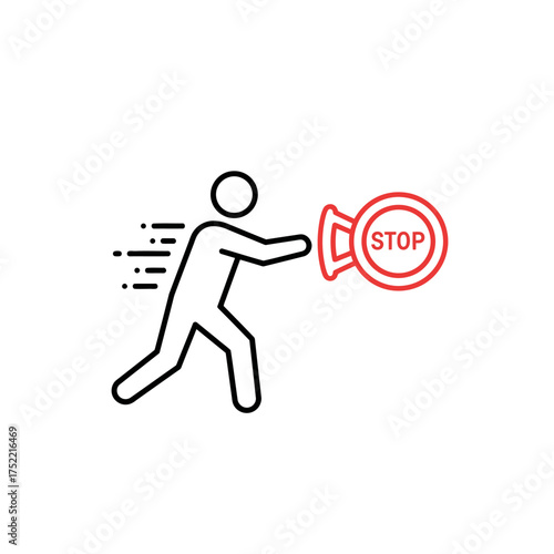 Person running towards a stop sign symbolizing an obstacle or warning.