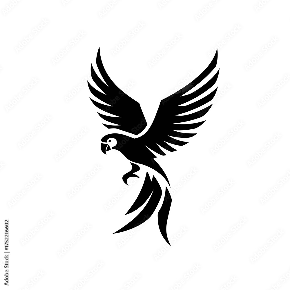 Obraz premium A stylized black parrot with outstretched wings and long tail feathers in flight