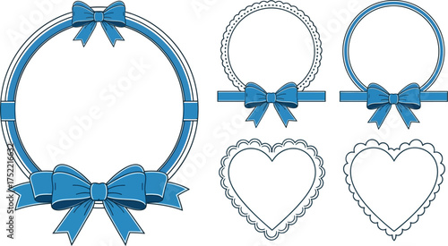 Blue Ribbon Frames Set with Round & Heart Shapes on Transparent Background