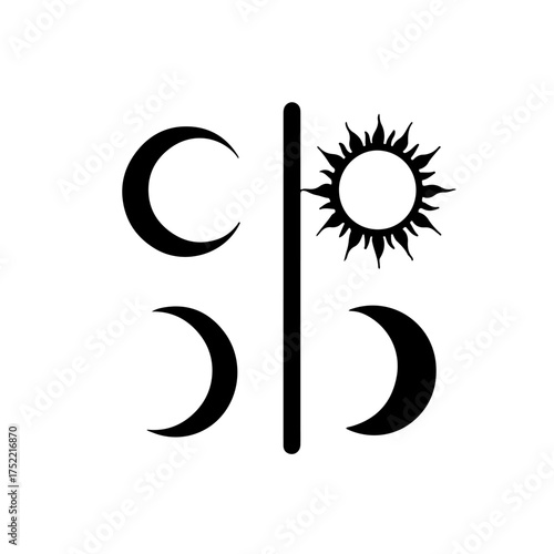 A celestial icon representing the cycle of day and night, with a sun on one side and moon phases on the other. This mystical vector symbolizes time, duality, astrology, and cosmic balance. Isolated de