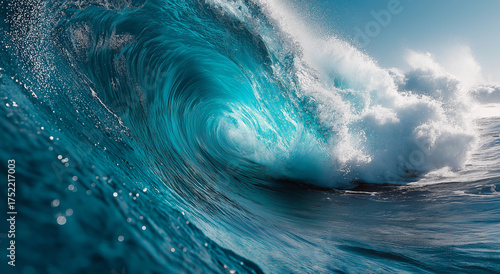 Powerful ocean wave crashing with vibrant turquoise and white foam perfect for watersports and coastal themes