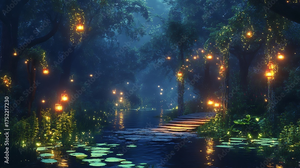 Fototapeta premium Enchanted forest path illuminated by lanterns and moonlight