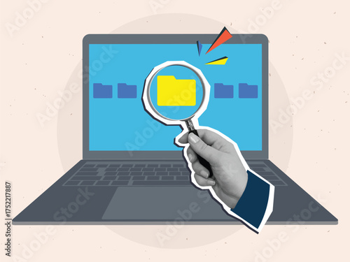 A person looks through a magnifying glass at one folder from a row on a laptop screen. Modern collage style. Vector illustration
