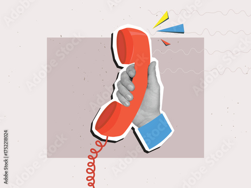 A black and white hand holding a vintage telephone receiver. Modern photo collage style. Vector illustration