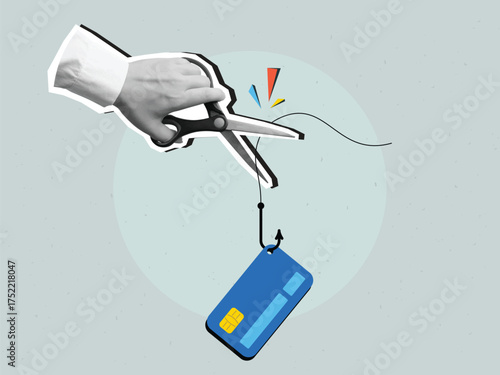 A hand with scissors cuts a fishing line with a plastic credit card hanging from a fishing hook - an anti-fraud concept. Modern collage style. Vector illustration