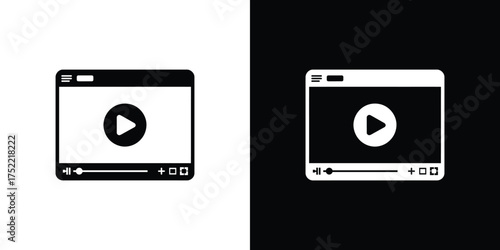 Isolated Video Player Window with Play Button in Black and White with Transparent BG