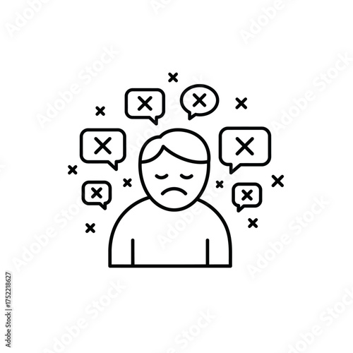 Sad person surrounded by negative thoughts and crossed out ideas.