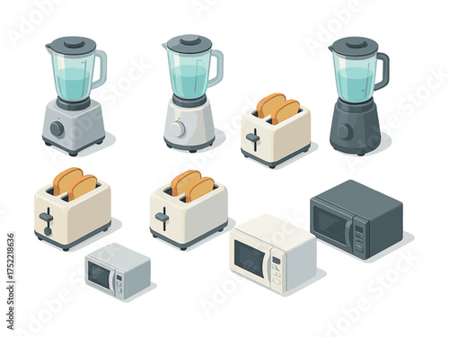 Isometric kitchen appliances set with blenders, toasters, and microwaves in various colors