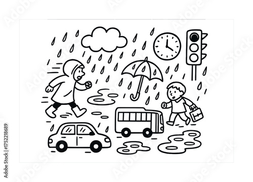 Children in rainy scene: kids walking under rain with umbrella, cars, and traffic light