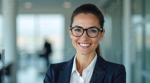 Smiling Caucasian woman in a navy suit with glasses, standing confidently in a modern office environment.