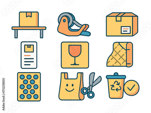 Parcel packaging icons: tape, box, bubble wrap, recycle bin, shipping labels