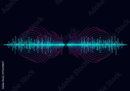 Symmetrical Audio Waveform Visualization with Cyan and Magenta Lines on Dark Background.