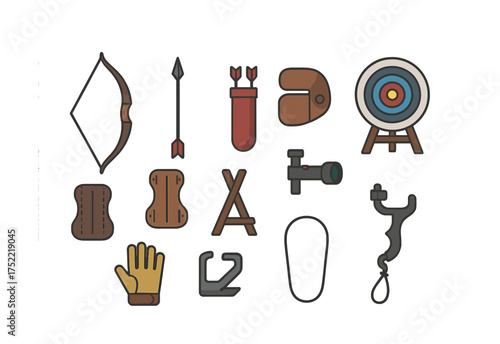 Archery equipment icons set: bow, arrow, target, quiver, glove, peg, stand