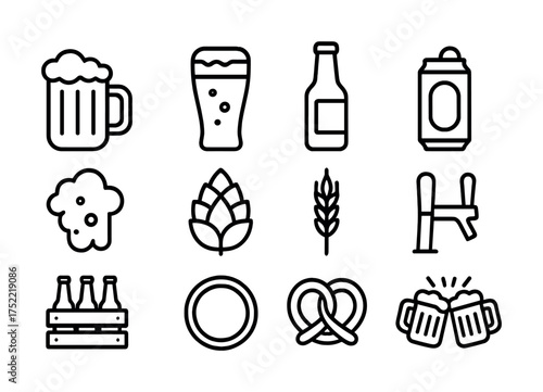 Beer icons: mugs, bottles, hops, barrels, pretzels, plates and wheat line art collection