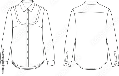 Long sleeve shirt technical sketch, front and back view, fashion flat drawing, curved yoke detail, button placket, apparel template, vector CAD illustration