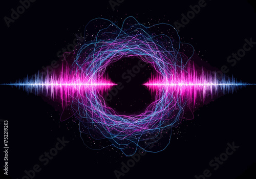 Abstract Audio Waveform with Circular Light Trails on Black Background.