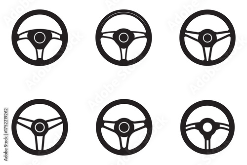 Collection of Six Steering Wheel Icons Representing Automotive Control and Directional Guidance for Vehicles and Simulators