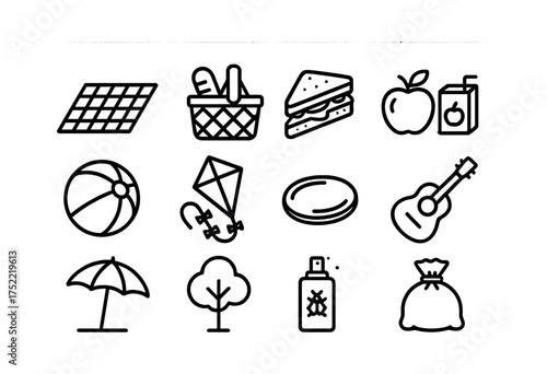 Summer picnic icons: sandwich, kite, guitar, beach ball, frisbee, sunblock, basket