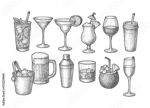 Hand-drawn collection of assorted cocktails and drinks in glassware