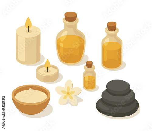 Spa essentials: aromatherapy oils, candles, stones, and relaxing atmosphere