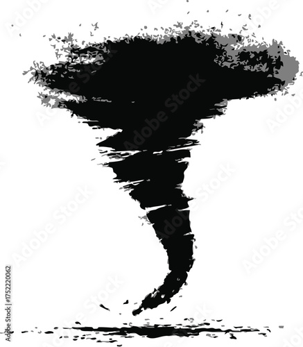 Tornado silhouette vector with debris particles and fragmented edges — stock vector.