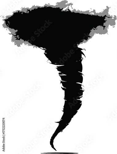 Tornado silhouette vector with rotating funnel cloud and debris — stock vector.