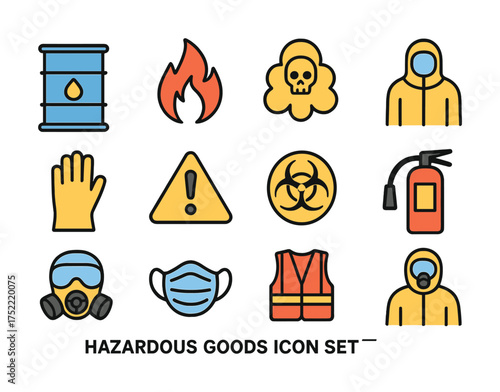 Hazardous goods icon set featuring safety equipment and warning symbols