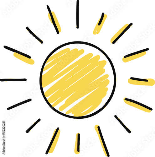 Sun icon with hand drawn sketch style radiating rays — stock vector.